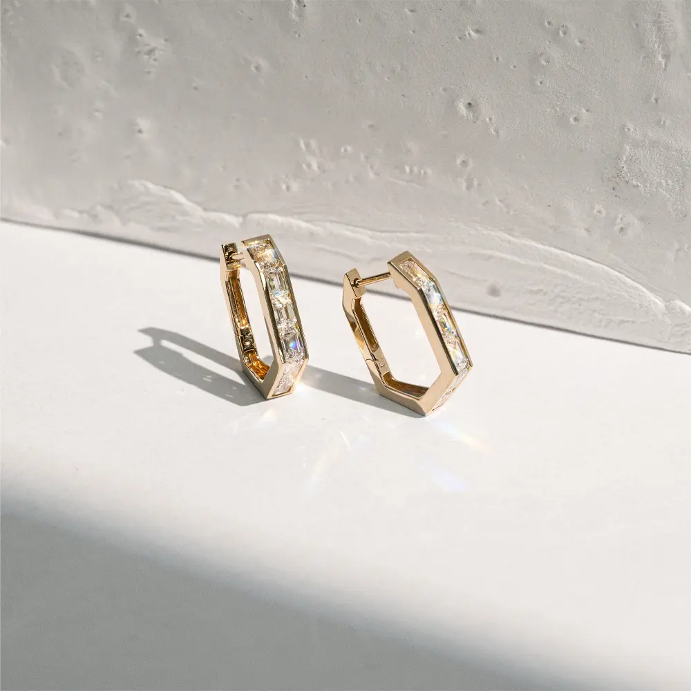Bespoke hexagon diamond hoop earrings in yellow gold